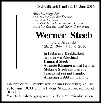 Traueranzeige von Werner Steeb von Gmünder Tagespost