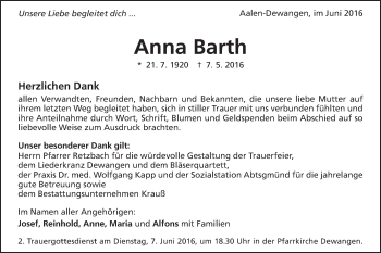 Traueranzeige von Anna Barth von Schwäbische Post