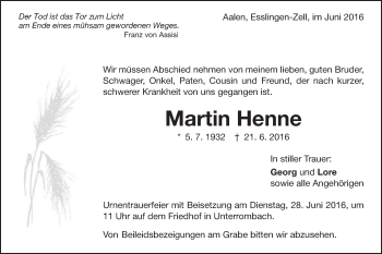 Traueranzeige von Martin Henne von Schwäbische Post