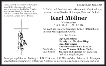 Traueranzeige von Karl Mößner von Schwäbische Post