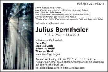 Traueranzeige von Julius Bernthaler von Schwäbische Post