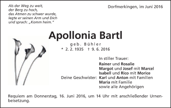 Traueranzeige von Apollonia Bartl von Schwäbische Post