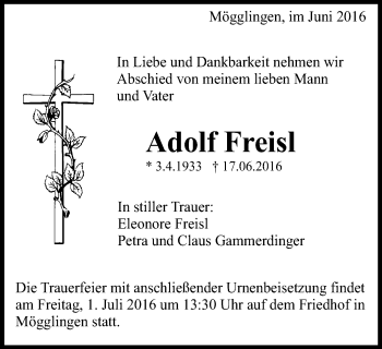 Traueranzeige von Adolf Freisl von Gmünder Tagespost