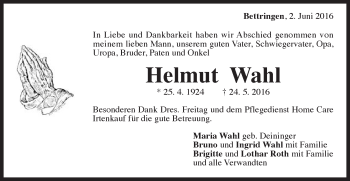 Traueranzeige von Helmut Wahl von Gmünder Tagespost