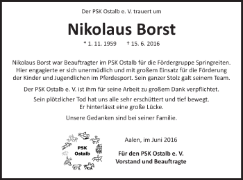 Traueranzeige von Nikolaus Borst von Schwäbische Post