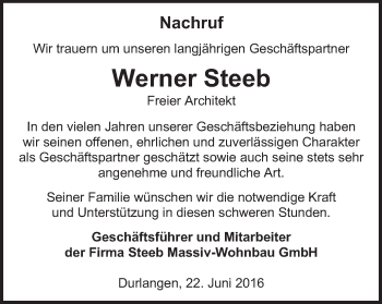 Traueranzeige von Werner Steeb von Gmünder Tagespost