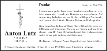 Traueranzeige von Anton Lutz von Schwäbische Post