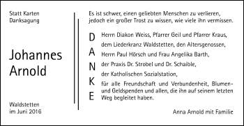 Traueranzeige von Johannes Arnold von Gmünder Tagespost