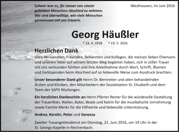 Traueranzeige von Georg Häußler von Schwäbische Post