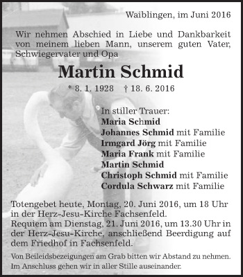 Traueranzeige von Martin Schmid von Schwäbische Post