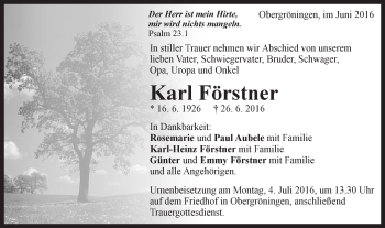 Traueranzeige von Karl Förstner von Gmünder Tagespost