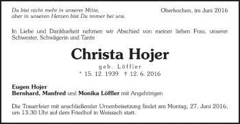 Traueranzeige von Christa Hojer von Schwäbische Post