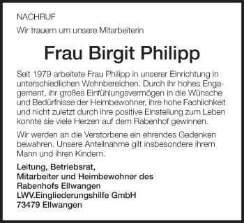 Traueranzeige von Birgit Philipp von Schwäbische Post