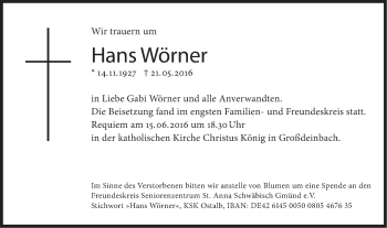 Traueranzeige von Hans Wörner von Gmünder Tagespost