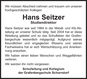 Traueranzeige von Johannes Seitzer von Gmünder Tagespost