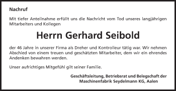Traueranzeige von Gerhard Seibold von Schwäbische Post
