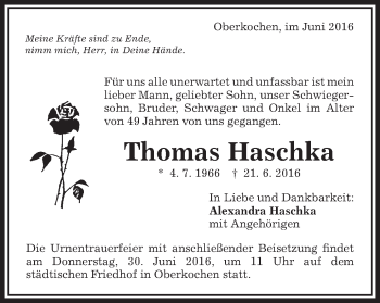 Traueranzeige von Thomas Haschka von Schwäbische Post