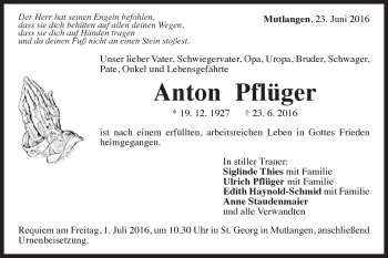 Traueranzeige von Anton Pflüger von Gmünder Tagespost