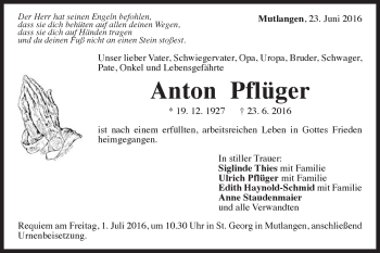 Traueranzeige von Anton Pflüger