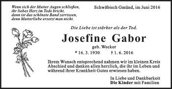 Traueranzeige von Josefine Gabor von Gmünder Tagespost