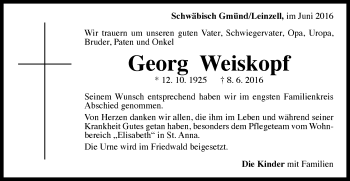 Traueranzeige von Georg Weiskopf von Gmünder Tagespost