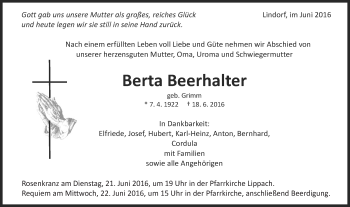 Traueranzeige von Berta Beerhalter von Schwäbische Post