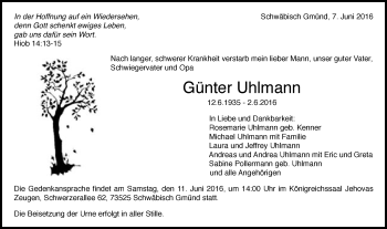 Traueranzeige von Günter Uhlmann von Gmünder Tagespost