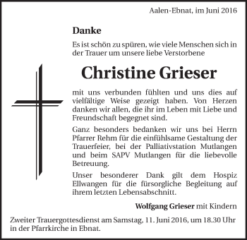 Traueranzeige von Christine Grieser von Schwäbische Post