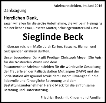 Traueranzeige von Sieglinde Beck von Schwäbische Post