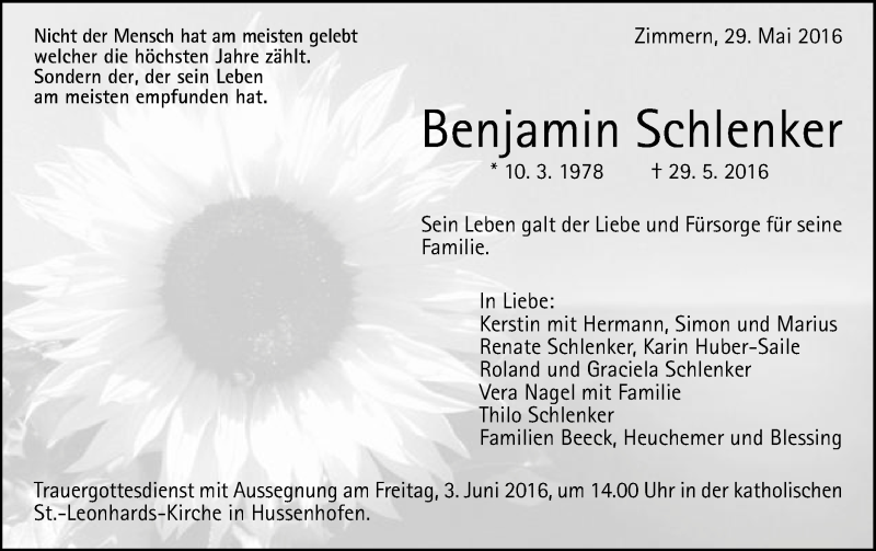  Traueranzeige für Benjamin Schlenker vom 02.06.2016 aus Gmünder Tagespost