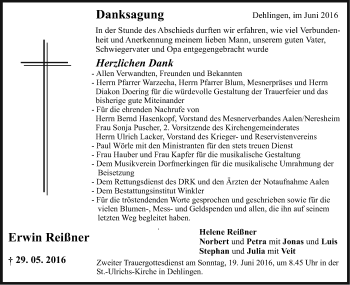 Traueranzeige von Erwin Reißner von Schwäbische Post