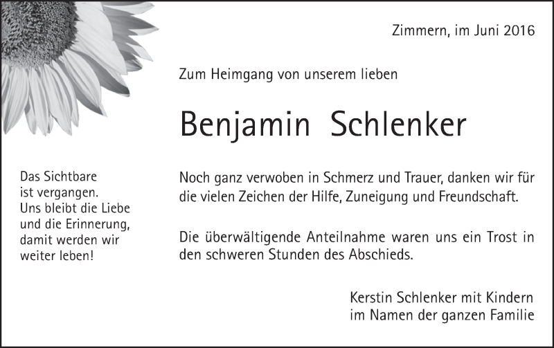  Traueranzeige für Benjamin Schlenker vom 11.06.2016 aus Gmünder Tagespost