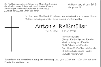 Traueranzeige von Antonie Reißmüller von Gmünder Tagespost