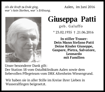 Traueranzeige von Giuseppa Patti von Schwäbische Post