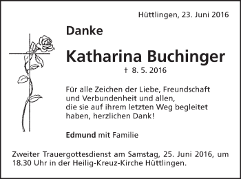 Traueranzeige von Katharina Buchinger von Schwäbische Post