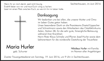 Traueranzeige von Maria Hurler von Schwäbische Post