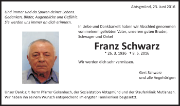 Traueranzeige von Franz Schwarz von Schwäbische Post