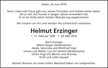 Traueranzeige von Helmut Erzinger von Schwäbische Post