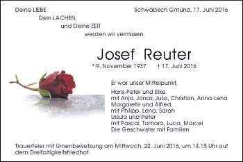 Traueranzeige von Josef Reuter von Gmünder Tagespost