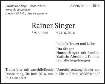 Traueranzeige von Rainer Singer von Schwäbische Post
