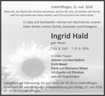 Traueranzeige von Ingrid Hald von Schwäbische Post