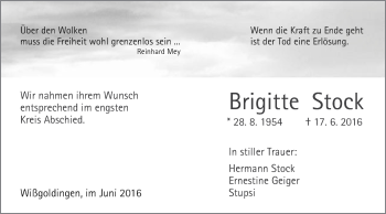 Traueranzeige von Brigitte Stock von Gmünder Tagespost