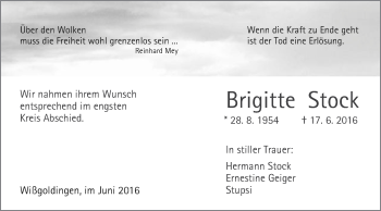 Traueranzeige von Brigitte Stock