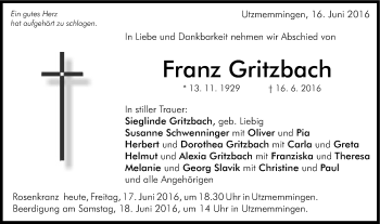 Traueranzeige von Franz Gritzbach von Schwäbische Post