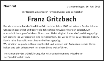 Traueranzeige von Franz Gritzbach von Schwäbische Post