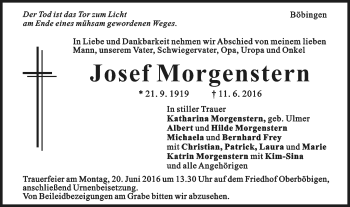 Traueranzeige von Josef Morgenstern von Gmünder Tagespost