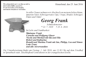 Traueranzeige von Georg Frank von OstalbTrauer