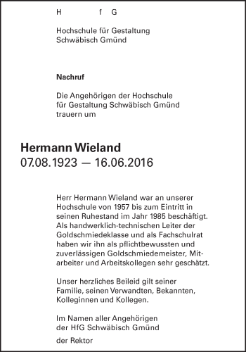 Traueranzeige von Hermann Wieland