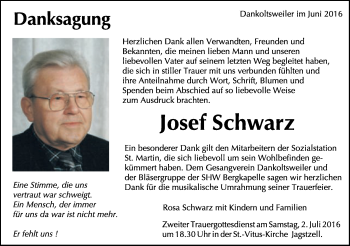 Traueranzeige von Josef Schwarz von Schwäbische Post
