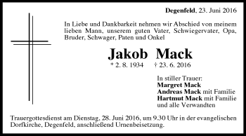 Traueranzeige von Jakob Mack von Gmünder Tagespost